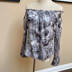 WHBM sheer sleeve, silk blend, off shoulder, elastic cuff blouse size XS